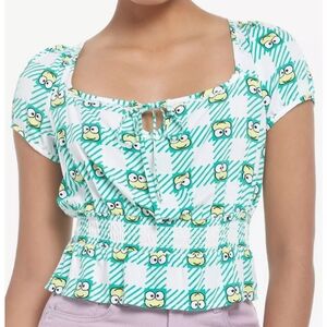 Keroppi Sanrio Smocked Crop Top Shirt - Cute & Trendy Small cropped top green